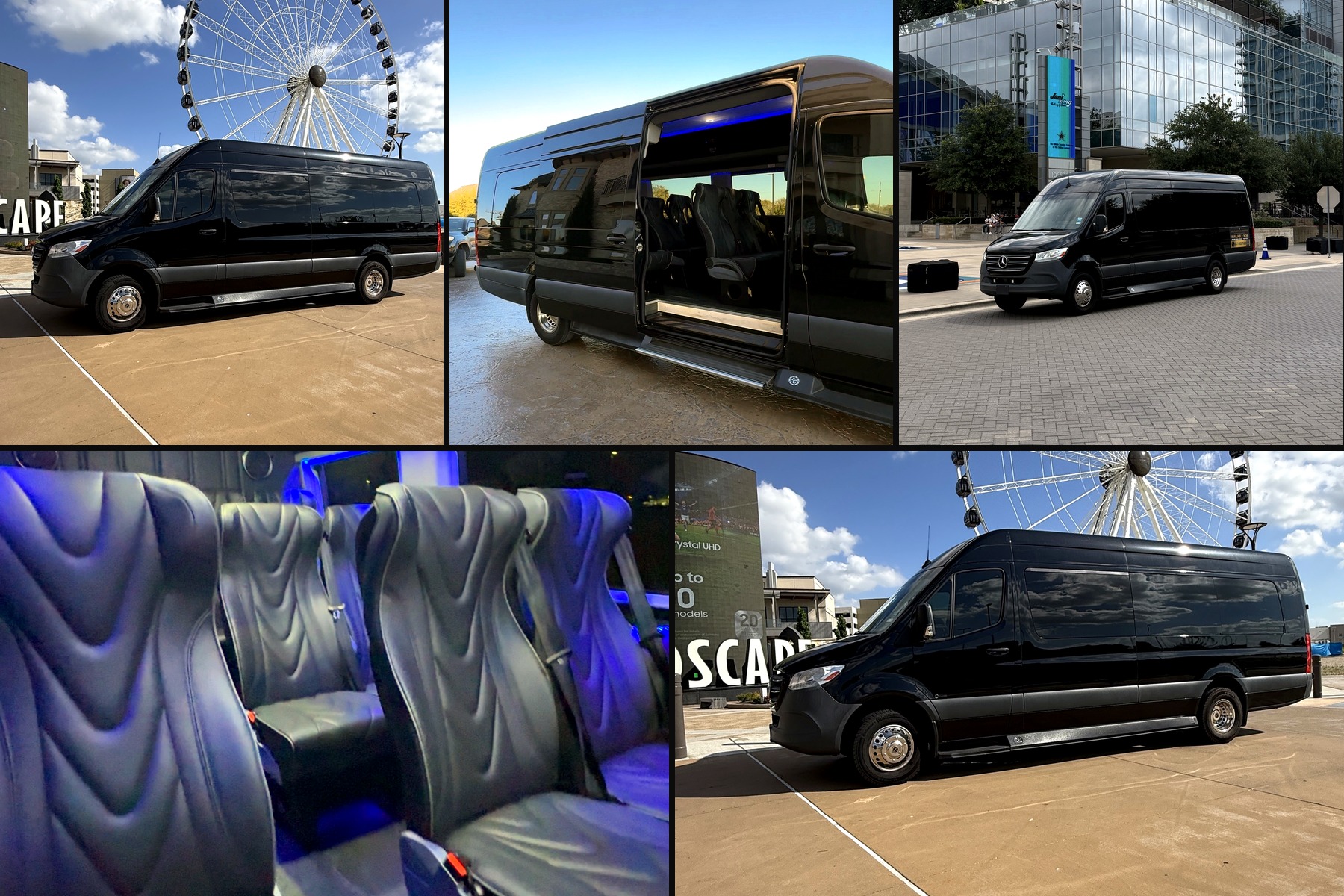 Collage of the ExecSprinters Executive Sprinter — exterior views at the Grandscape wheel and The Star in Frisco, the open sliding door, and the leather cabin seating