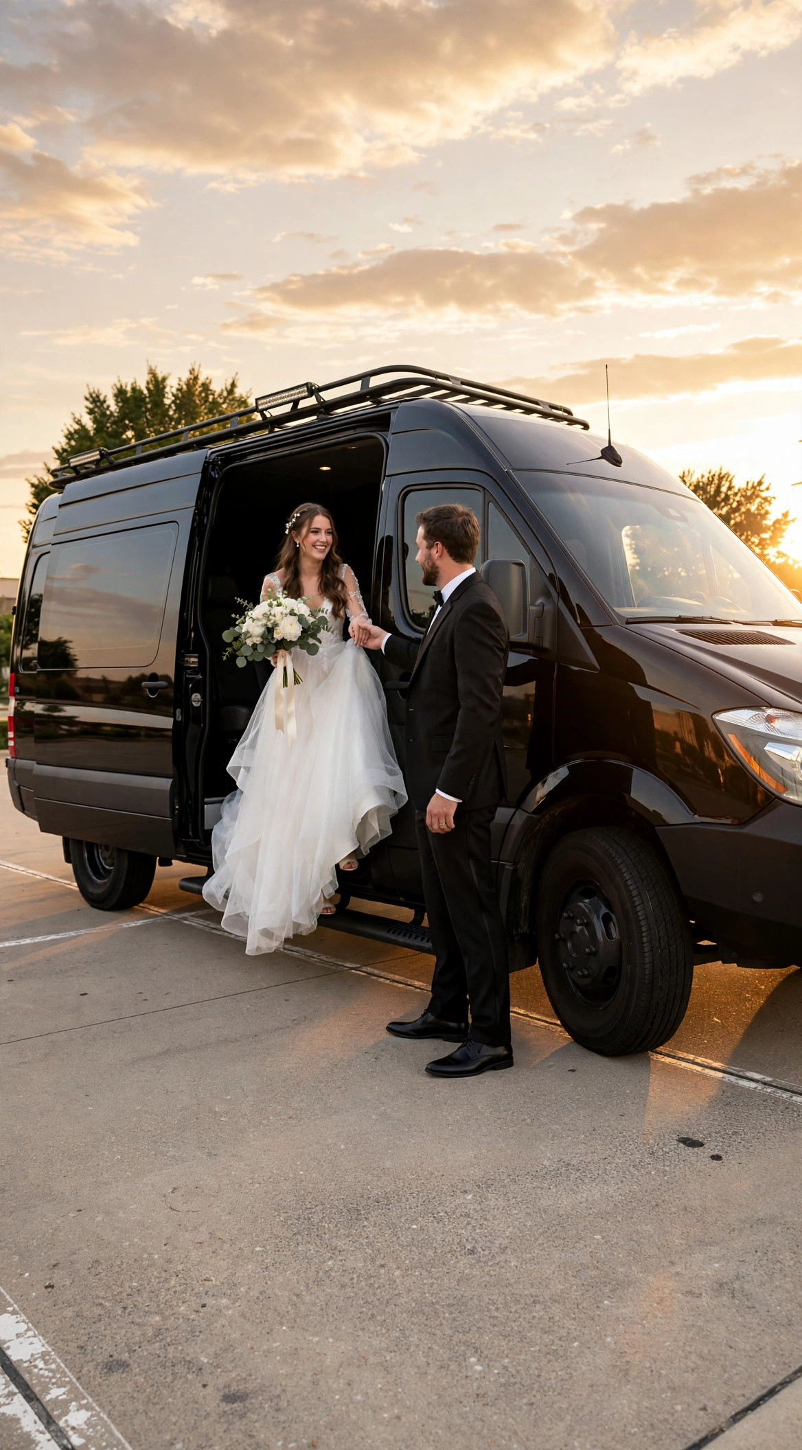A bride with her bouquet stepping into a black ExecSprinters Sprinter as the groom holds her hand, at golden hour